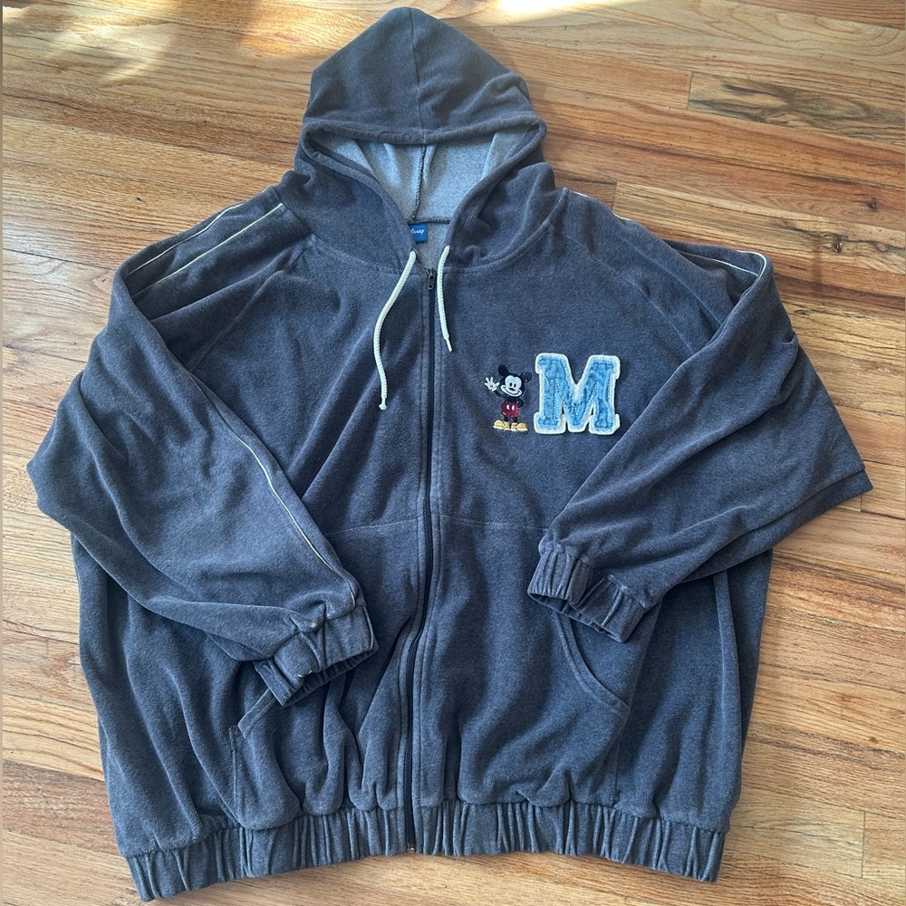 Disney Velour Charcoal Gray Full Zip Hoodie with Mickey Mouse Patch